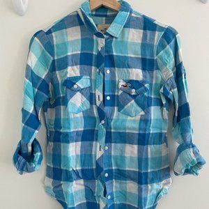 Hollister Women Blue Plaid Flannel Shirt XS